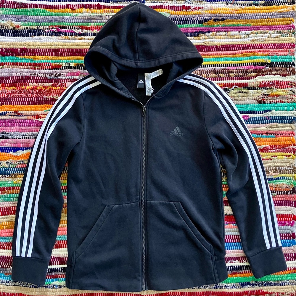 Adidas ~ Black zip up hoodie with white stripes